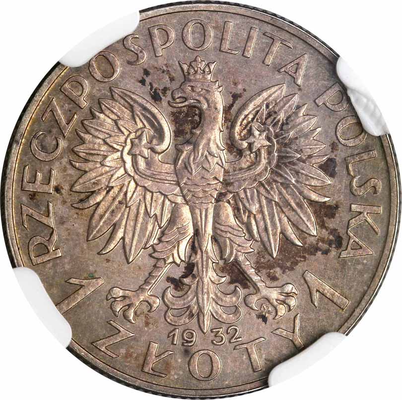 ll RP. 1 złoty 1932, głowa kobiety, PRÓBA, srebro, NGC MS63